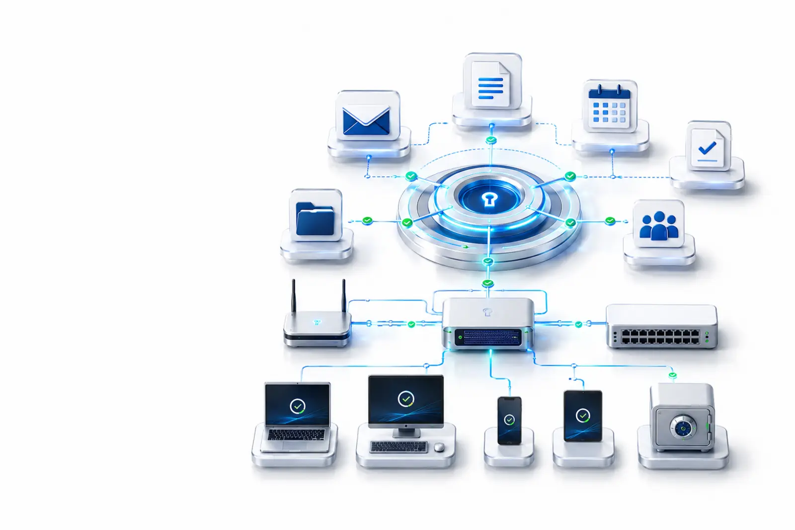 Identity, productivity, network, endpoint and backup systems connected within one business technology environment