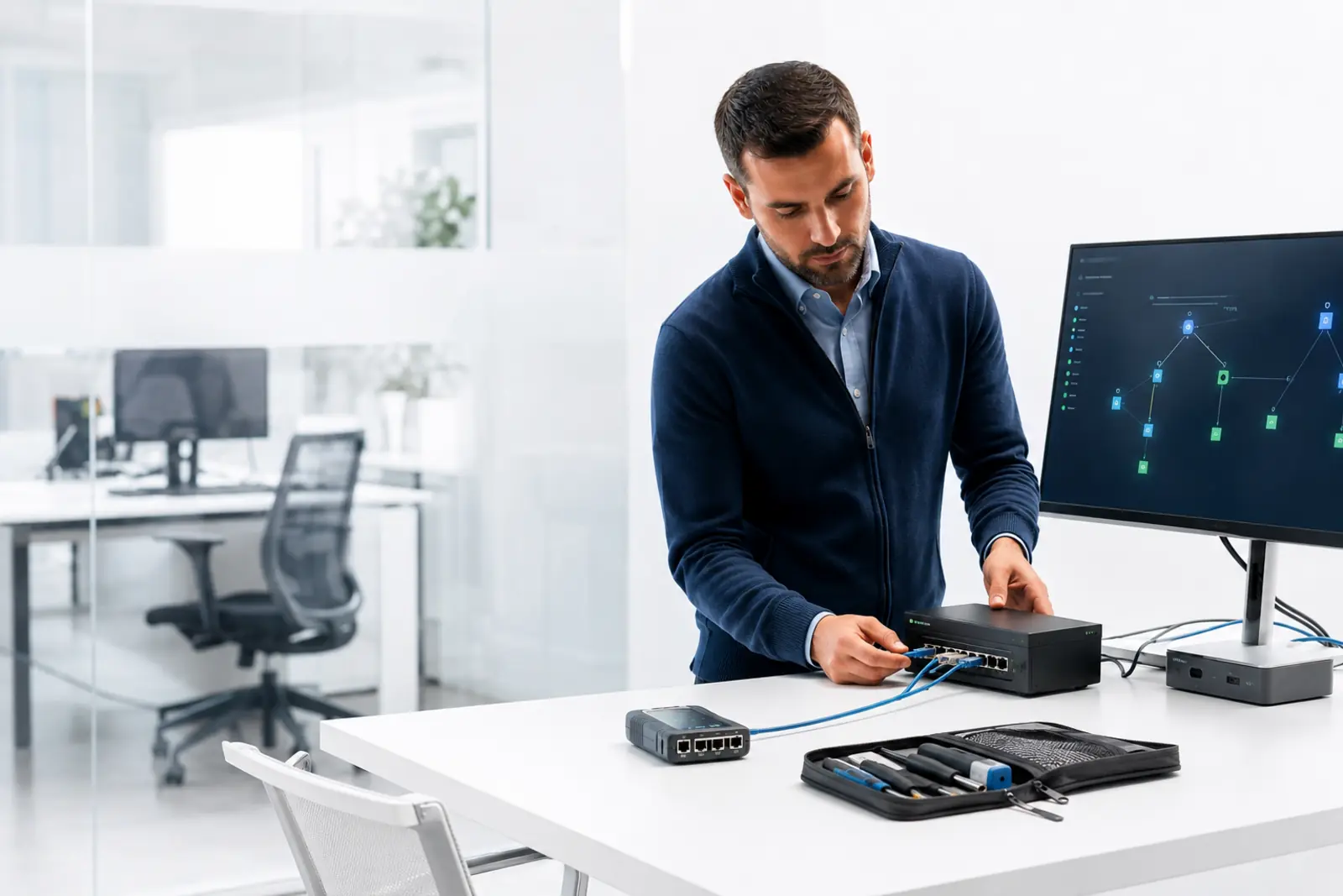 A technology professional reviewing and configuring business network equipment