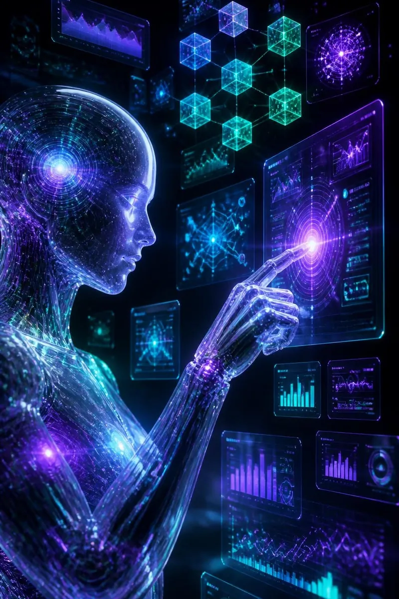 An AI figure touching a holographic interface, surrounded by a blockchain network and live data dashboards.
